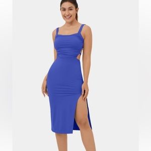 Halara Bodycon Midi Dress “Play It My Way”Ruched Criss Cross Backless Blue M NWT
